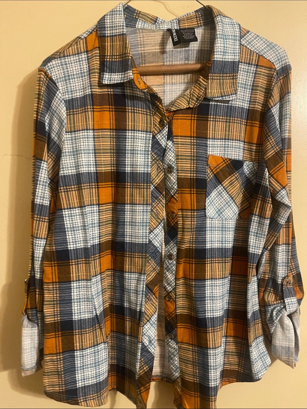 Mustard and Navy Plaid Button-Up Shirt